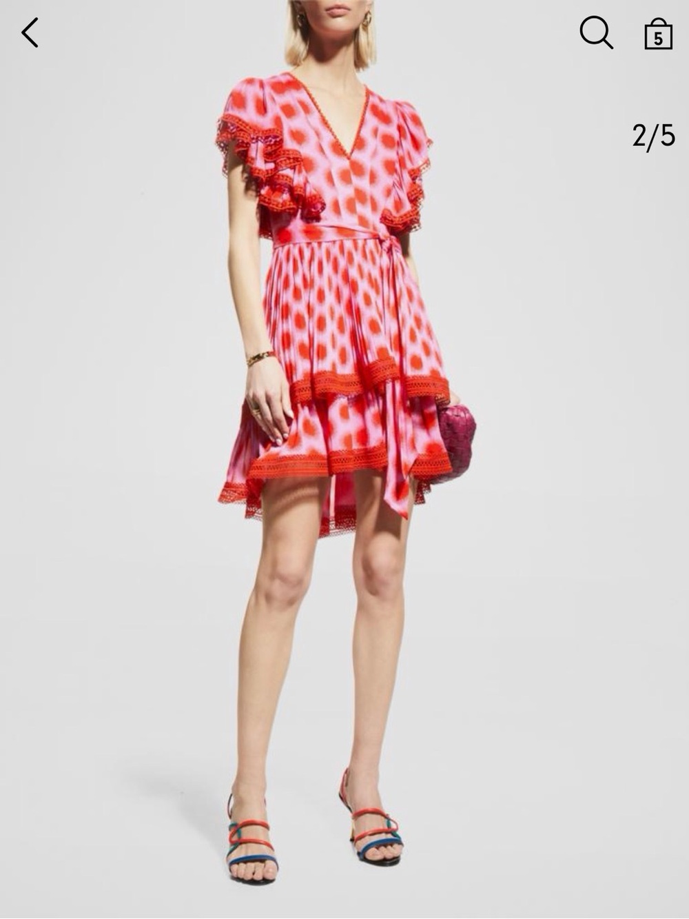 Diane Von Furstenberg Pippa Ruffled Sleeve Pink and Red V-Neck Tiered Mini Dress